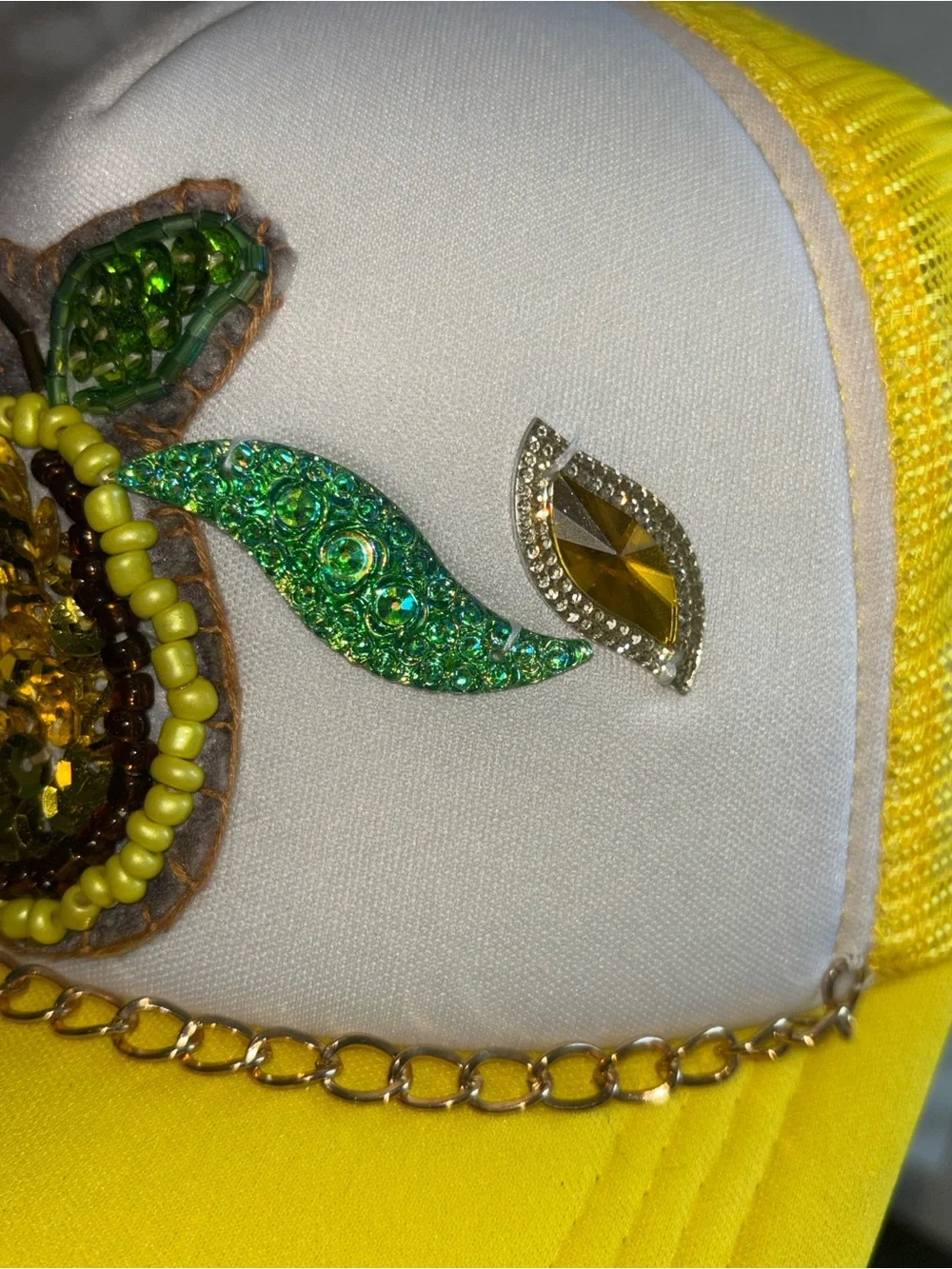 Handmade Embellished White & Yellow Sequin Baseball Cap NWT